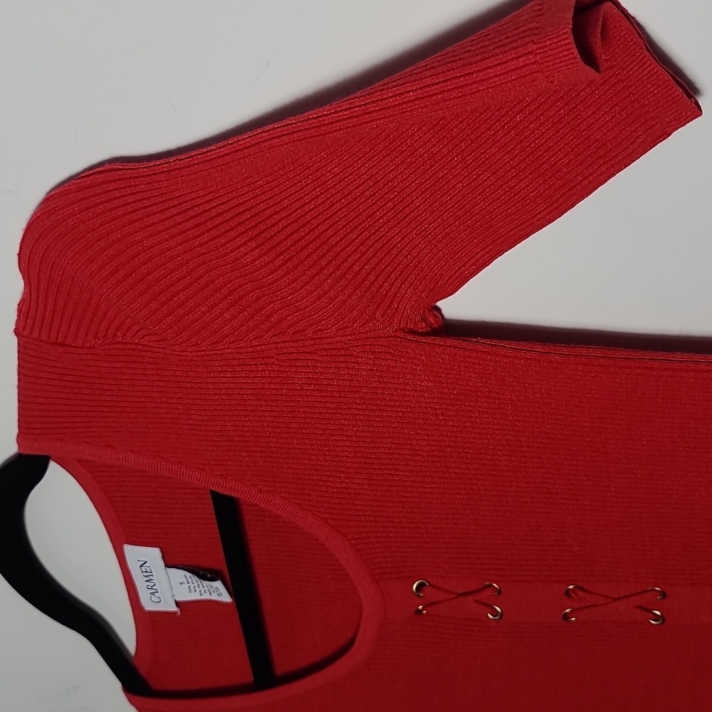 CARMEN MARC VALVO Ribbed Knit Half Sleeve Faux Corset Front Red Sweater Shirt Sm - Picture 5 of 14